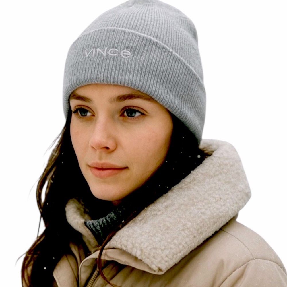 VINCE Wool/Cashmere Rib Knit Beanie Embroidered Logo Cuff One Size New w Flaw